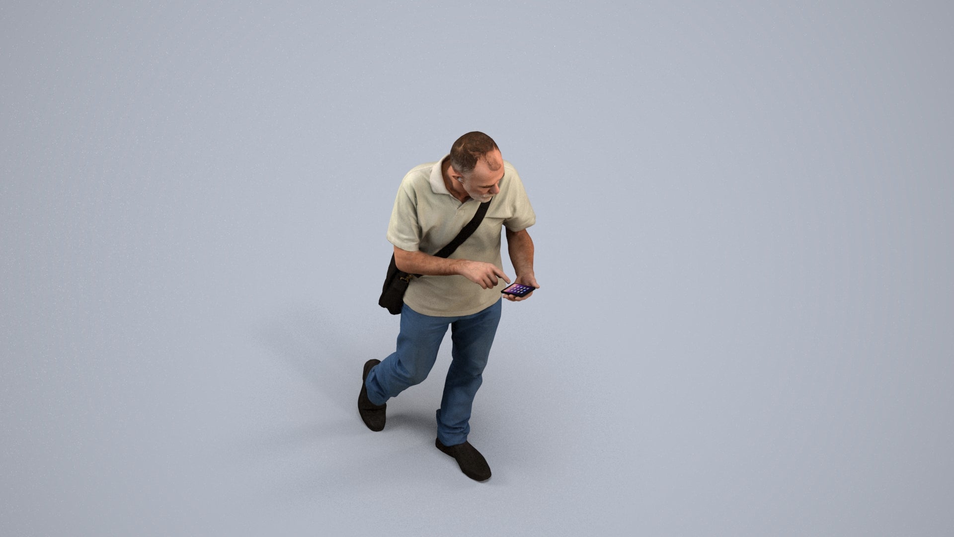 realistic 3D human senior man casual walking, archviz people FBX OBJ for Blender, back view render