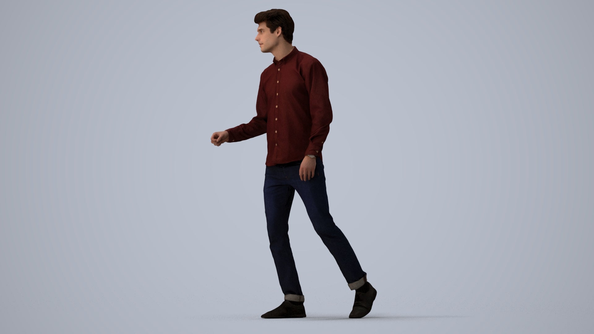 3D human model man casual walking, photogrammetry scanned person for archviz, three-quarter view render
