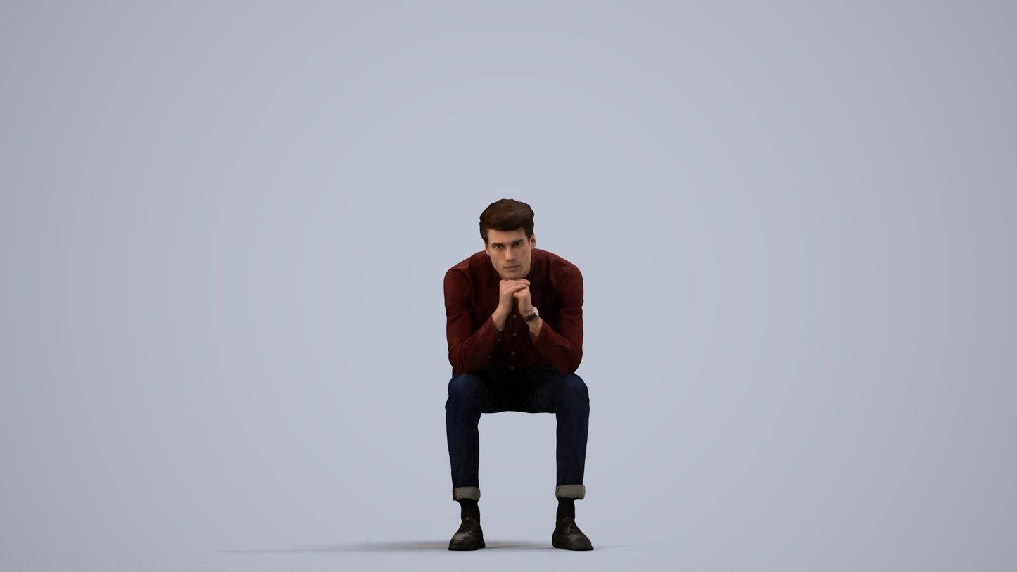 3D people model man casual sitting, scanned human for 3ds Max rendering, side view render