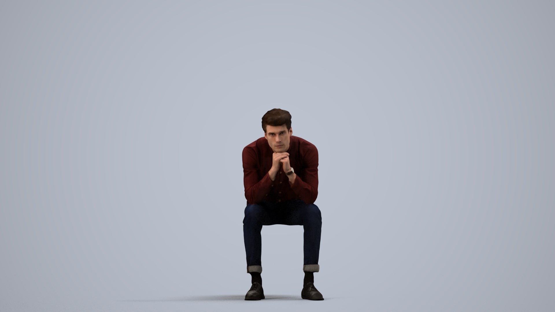 3D people model man casual sitting, scanned human for 3ds Max rendering, side view render