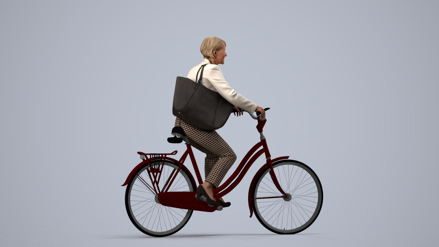realistic 3D people senior woman business cycling, render-ready for V-Ray and Corona, FBX OBJ, side view render
