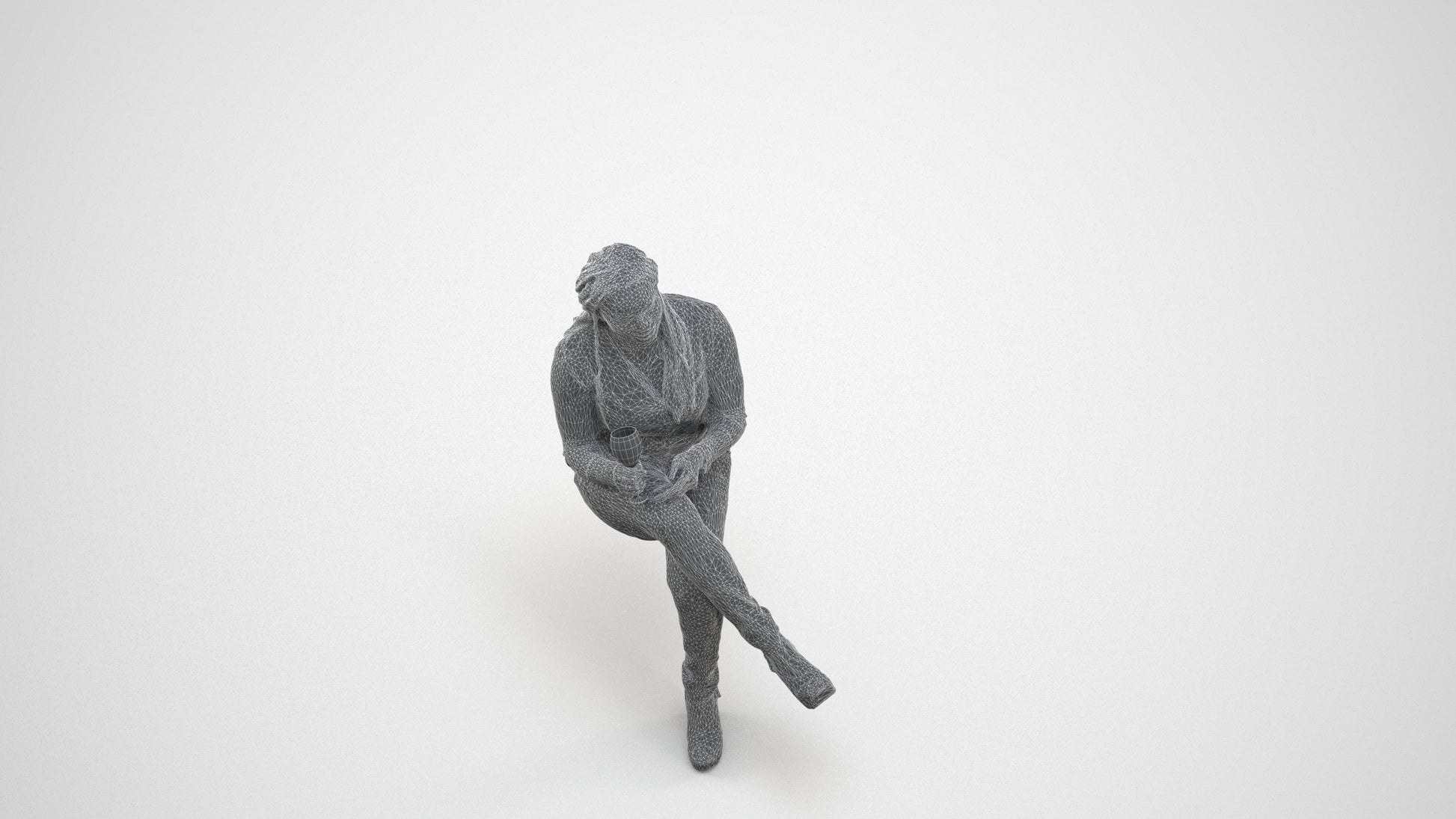 3D human model woman casual sitting, photogrammetry scanned person for archviz, wireframe three-quarter view