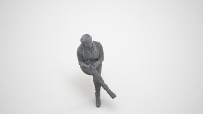 3D human model woman casual sitting, photogrammetry scanned person for archviz, wireframe three-quarter view