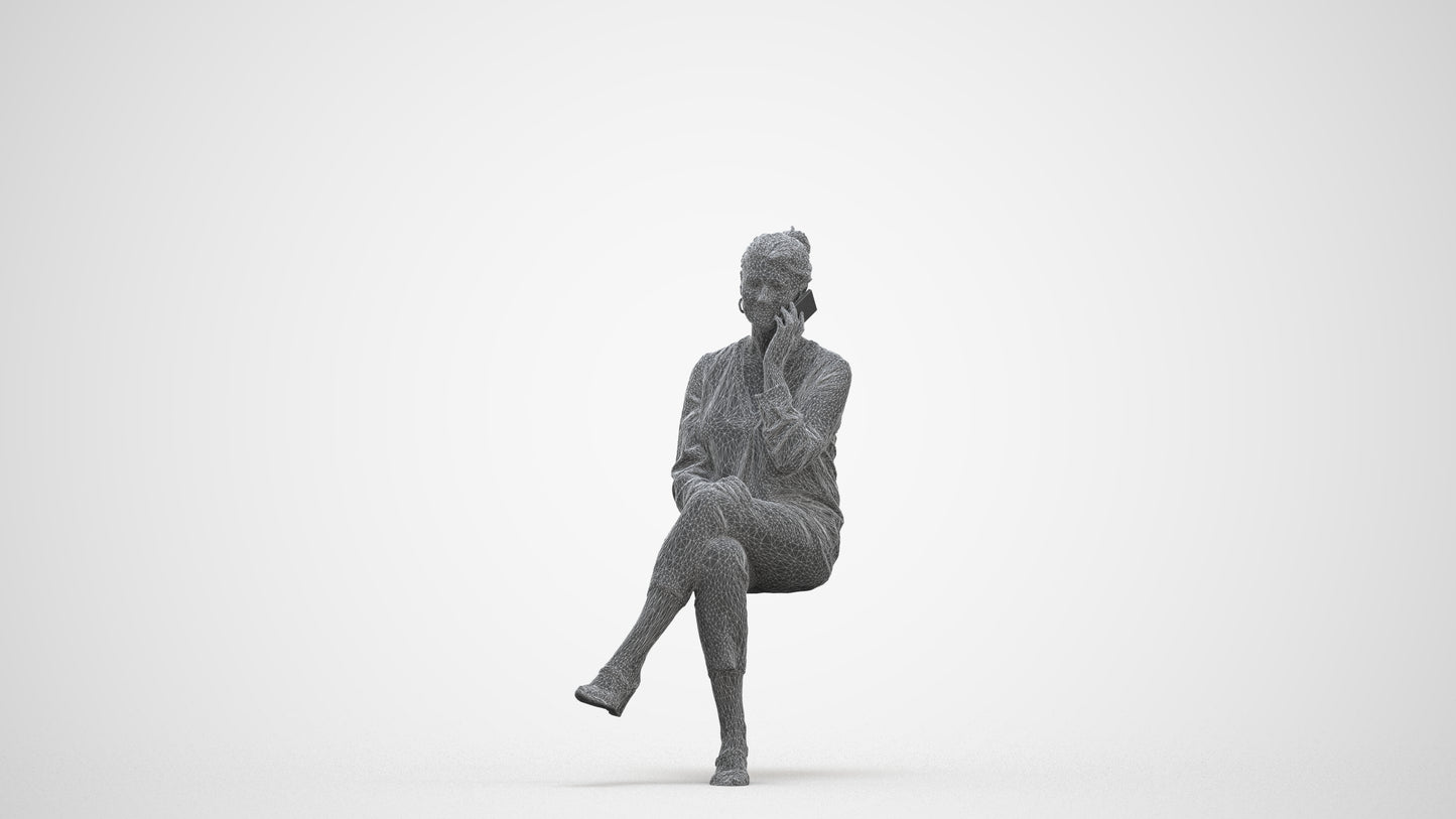 photogrammetry 3D woman casual sitting, realistic human model archviz FBX, three-quarter front view render