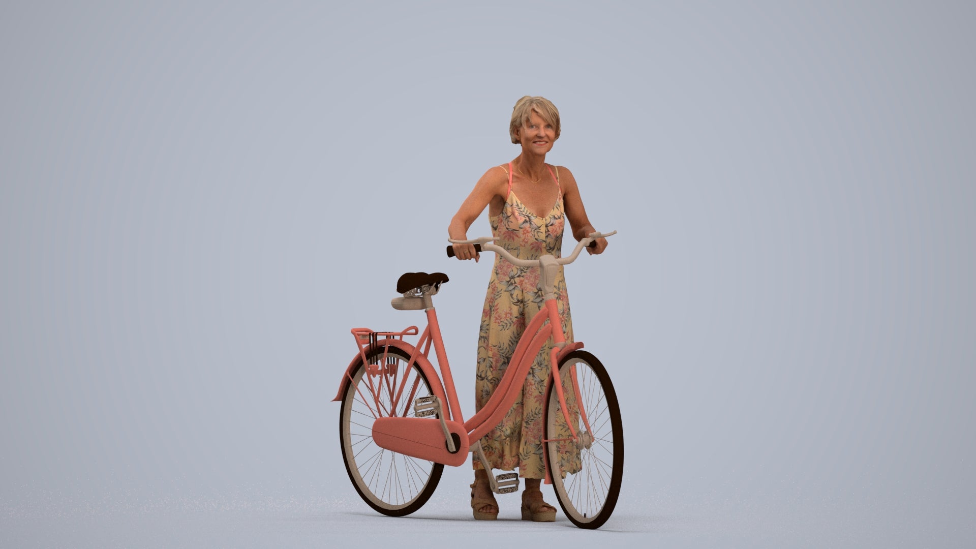 scanned 3D senior woman cycling, photogrammetry people for Enscape and V-Ray, standing pose render