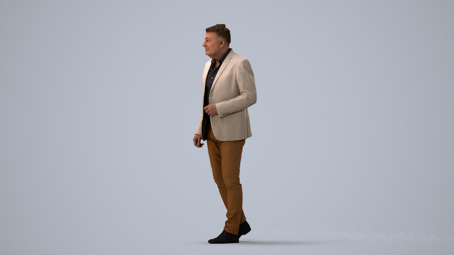 photogrammetry 3D man business walking, realistic human model archviz FBX, three-quarter view render