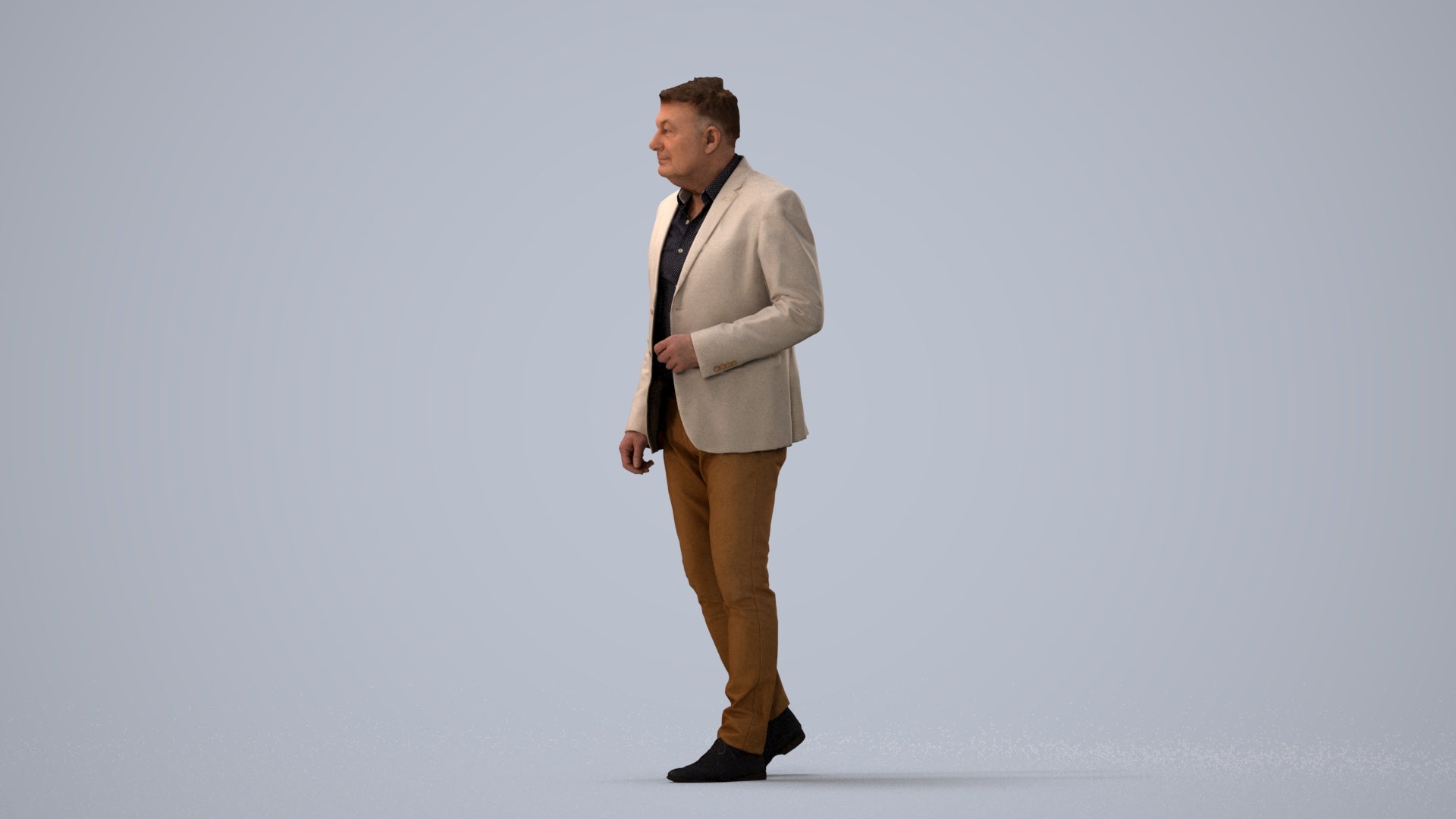 photogrammetry 3D man business walking, realistic human model archviz FBX, three-quarter view render