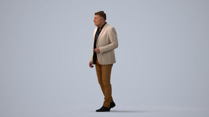 photogrammetry 3D man business walking, realistic human model archviz FBX, three-quarter view render