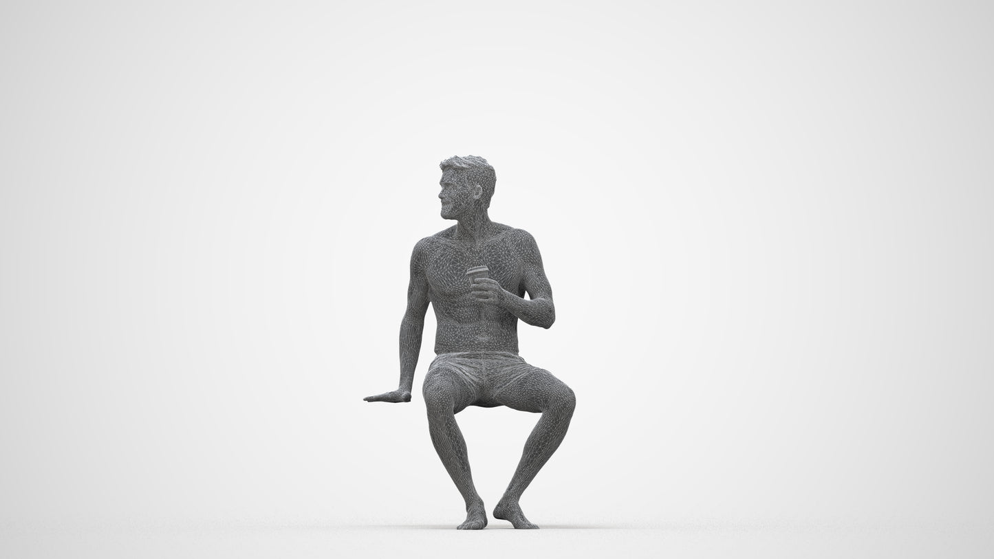 scanned 3D man pool, photogrammetry people for Enscape and V-Ray, wireframe back view