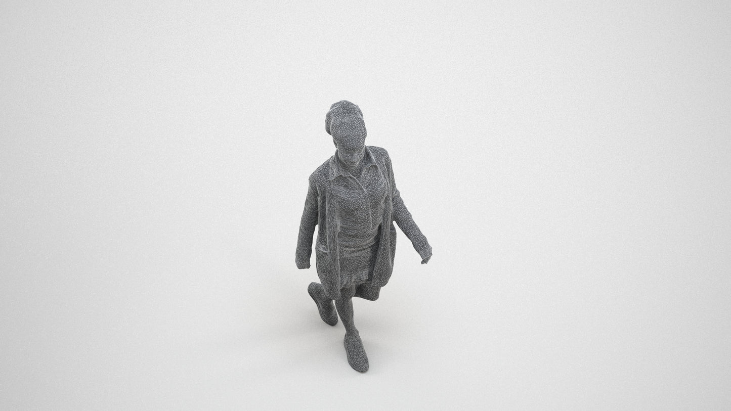 3D scanned woman walking casual, photorealistic archviz people for Enscape and SketchUp, wireframe three-quarter view