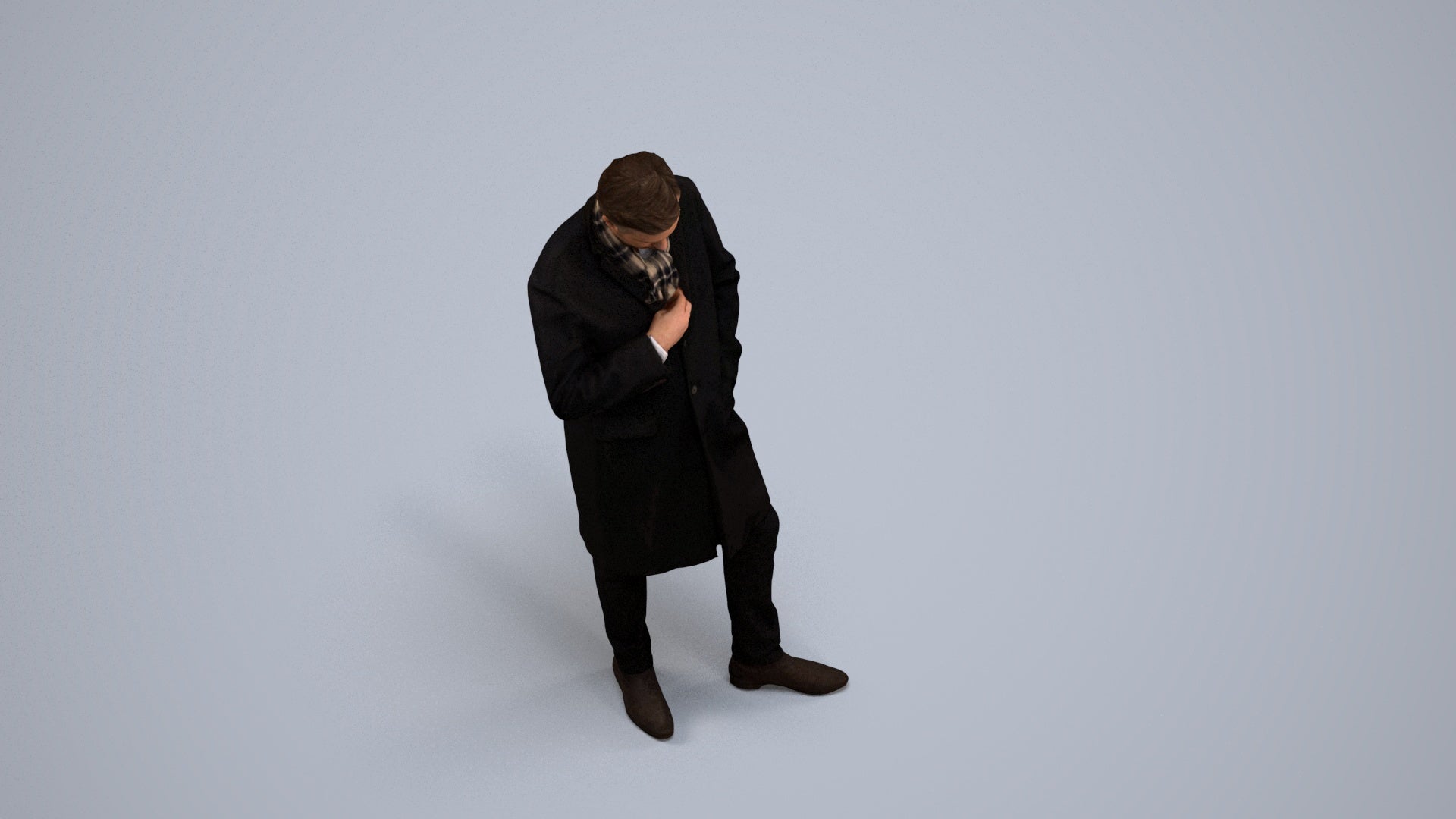 3D human model man standing, photogrammetry scanned person for archviz, back view render