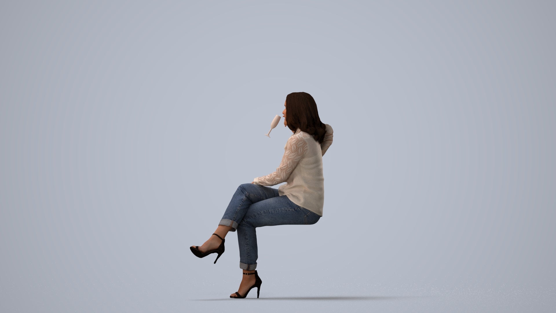 realistic 3D woman casual sitting, scanned archviz people for Blender and 3ds Max, three-quarter view render