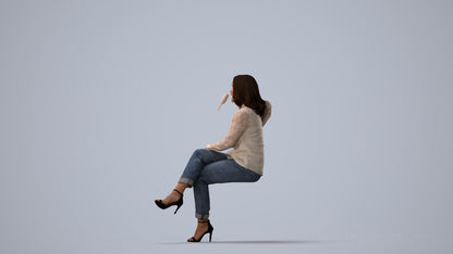 realistic 3D woman casual sitting, scanned archviz people for Blender and 3ds Max, three-quarter view render