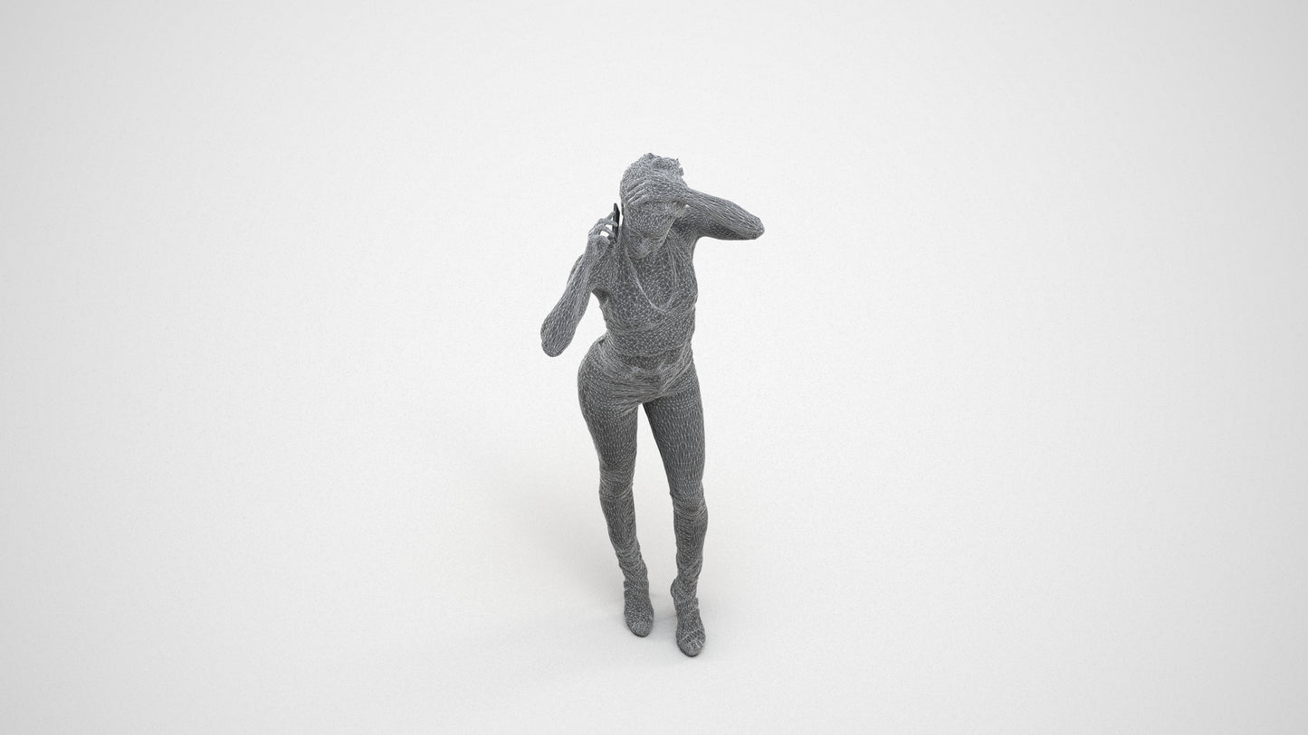 photogrammetry 3D woman casual standing, realistic human model archviz FBX, wireframe three-quarter view