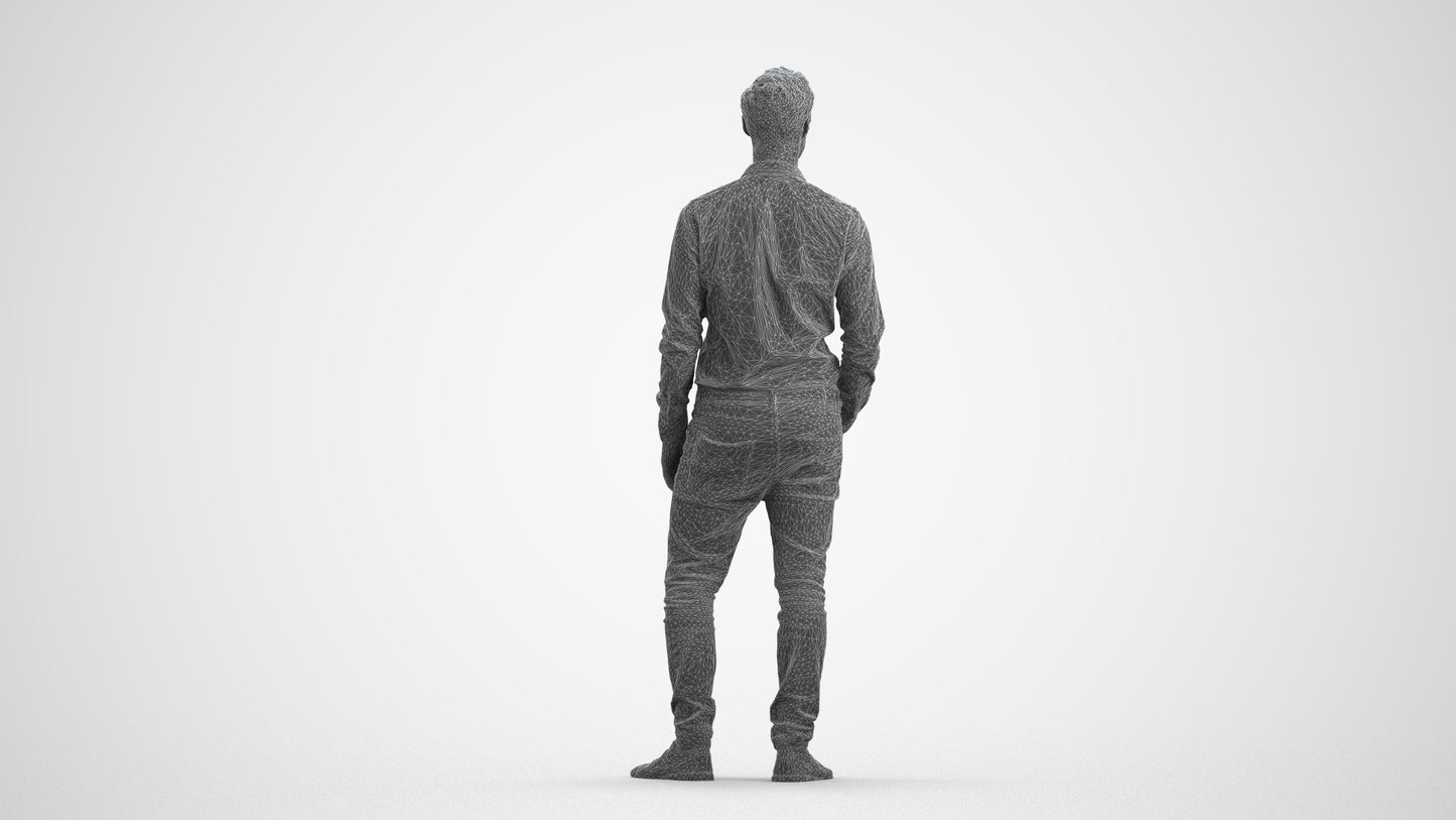 realistic 3D human man casual standing, archviz people FBX OBJ for Blender, wireframe front view