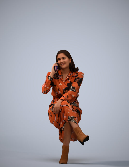 3D scanned woman sitting casual, photorealistic archviz people for Enscape and SketchUp