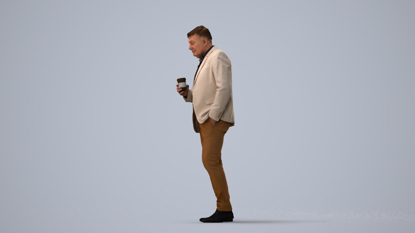 realistic 3D man business walking, scanned archviz people for Blender and 3ds Max, three-quarter view render