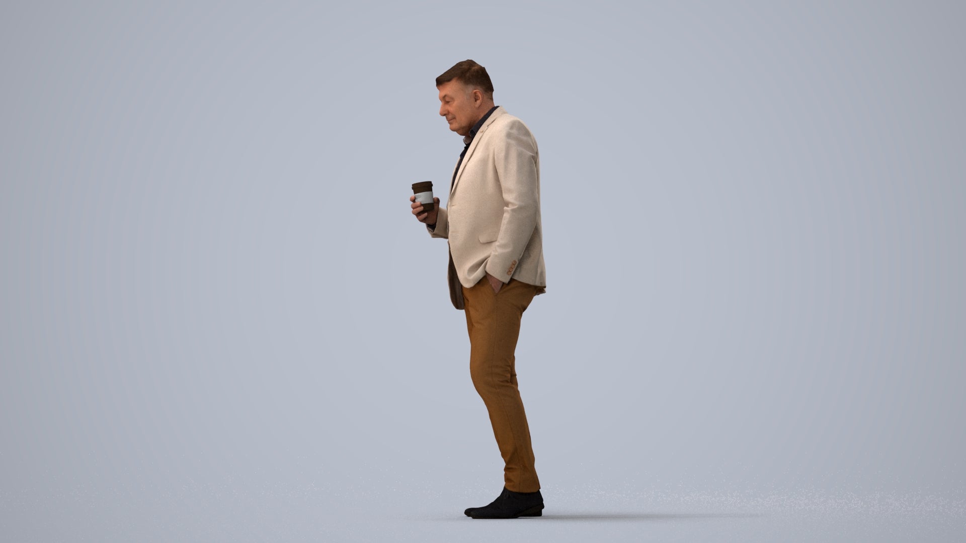 realistic 3D man business walking, scanned archviz people for Blender and 3ds Max, three-quarter view render
