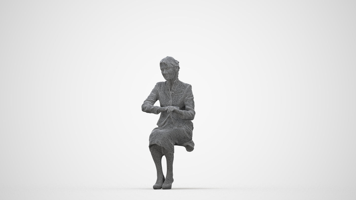 scanned 3D senior woman formal sitting, photogrammetry people for Enscape and V-Ray, wireframe back view