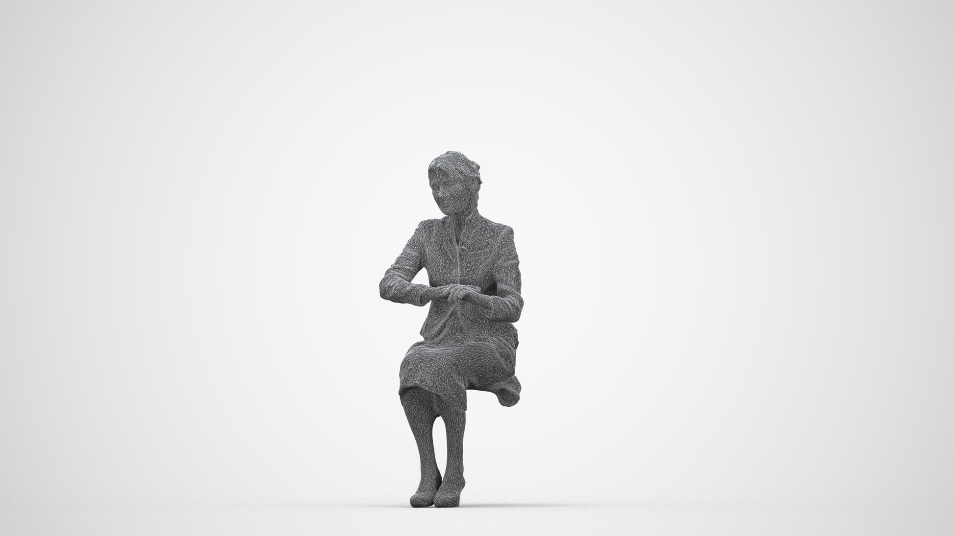 scanned 3D senior woman formal sitting, photogrammetry people for Enscape and V-Ray, wireframe back view