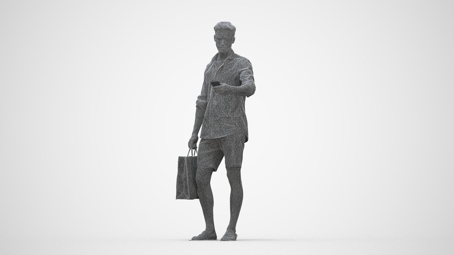 3D scanned man standing casual, photorealistic archviz people for Enscape and SketchUp, wireframe back view
