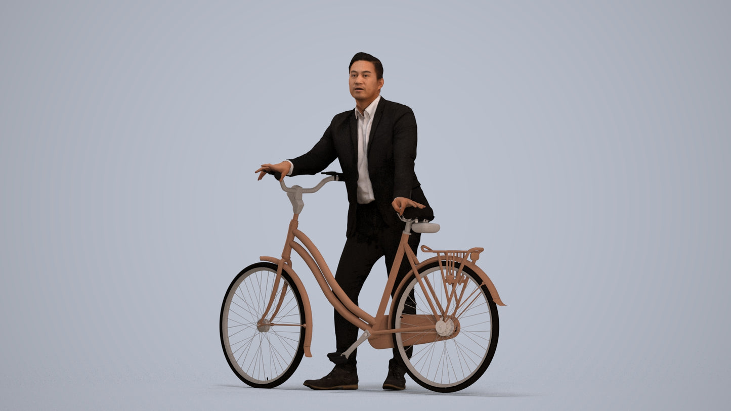 photogrammetry 3D man business cycling, realistic human model archviz FBX, standing pose render