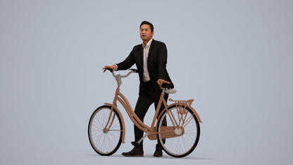 photogrammetry 3D man business cycling, realistic human model archviz FBX, standing pose render