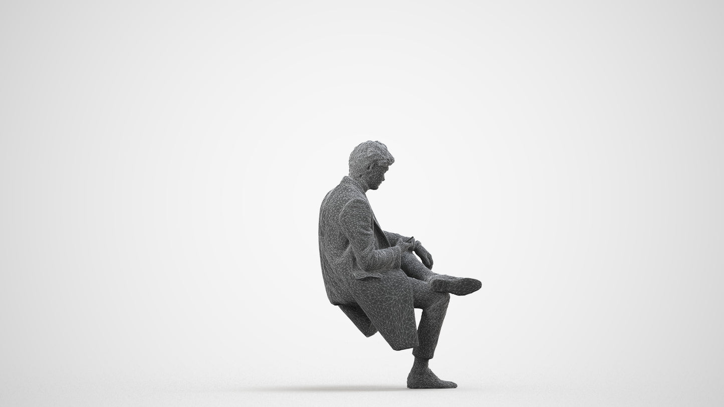 3D people model man business sitting, scanned human for 3ds Max rendering, wireframe side view