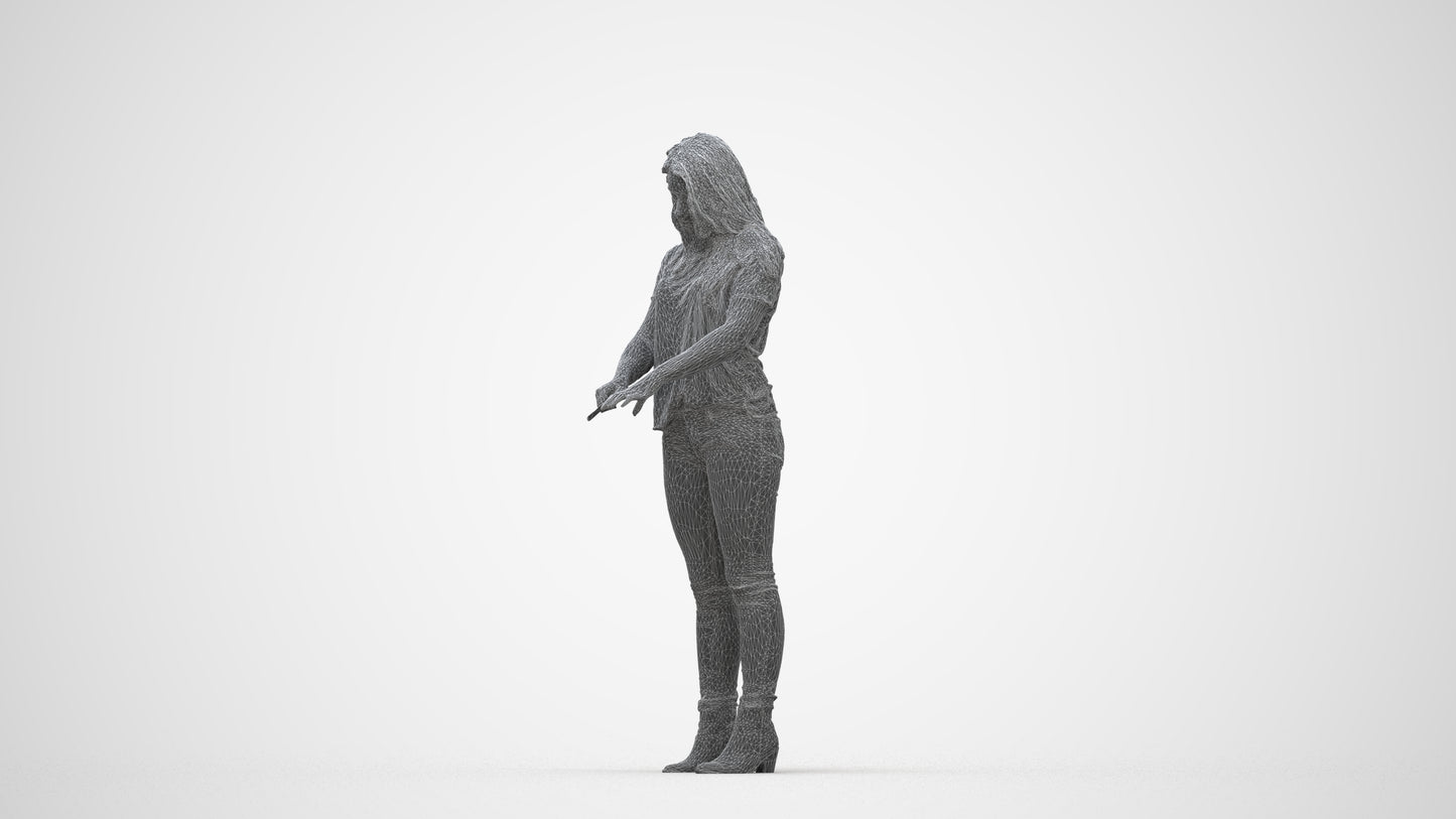 3D human model woman casual standing, photogrammetry scanned person for archviz, wireframe back view