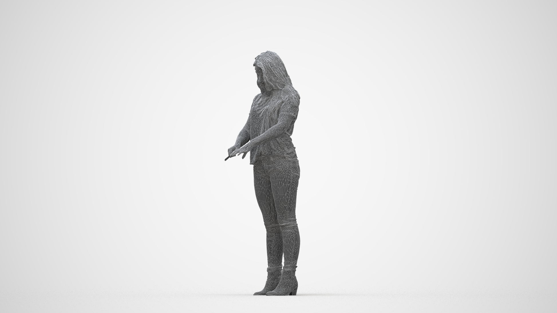3D human model woman casual standing, photogrammetry scanned person for archviz, wireframe back view