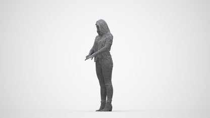 3D human model woman casual standing, photogrammetry scanned person for archviz, wireframe back view