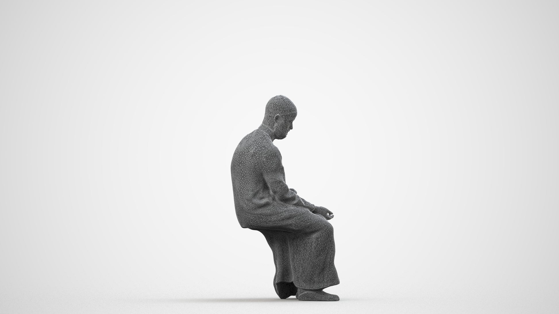 3D people model man sitting, scanned human for 3ds Max rendering, wireframe side view