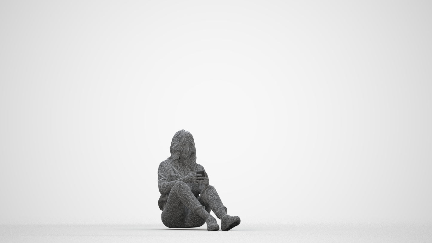 3D people model woman casual sitting, scanned human for 3ds Max rendering, wireframe back view