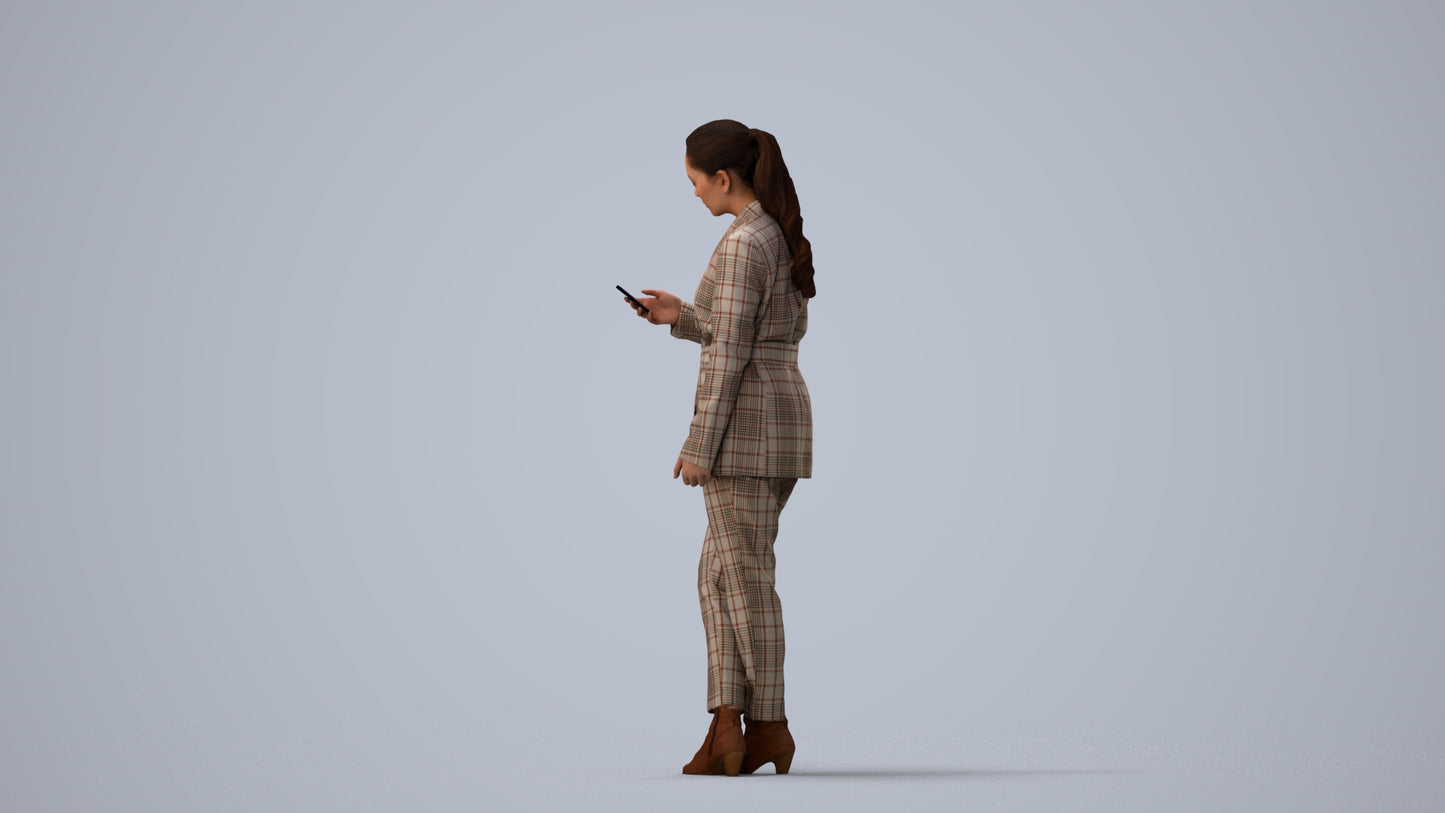 realistic 3D woman business standing, scanned archviz people for Blender and 3ds Max, three-quarter view render