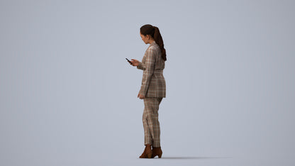 realistic 3D woman business standing, scanned archviz people for Blender and 3ds Max, three-quarter view render