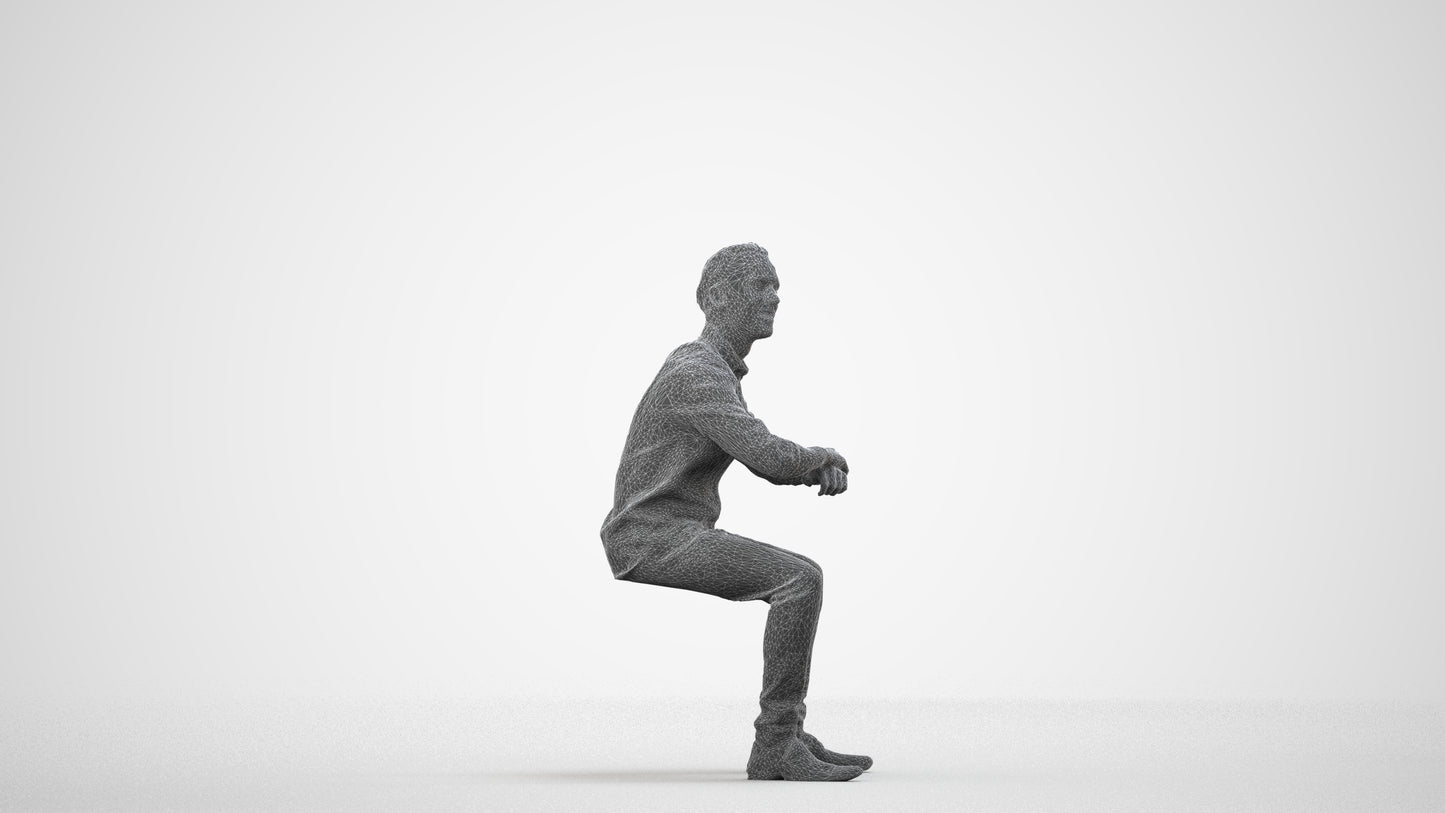 3D human model man casual sitting, photogrammetry scanned person for archviz, wireframe side view