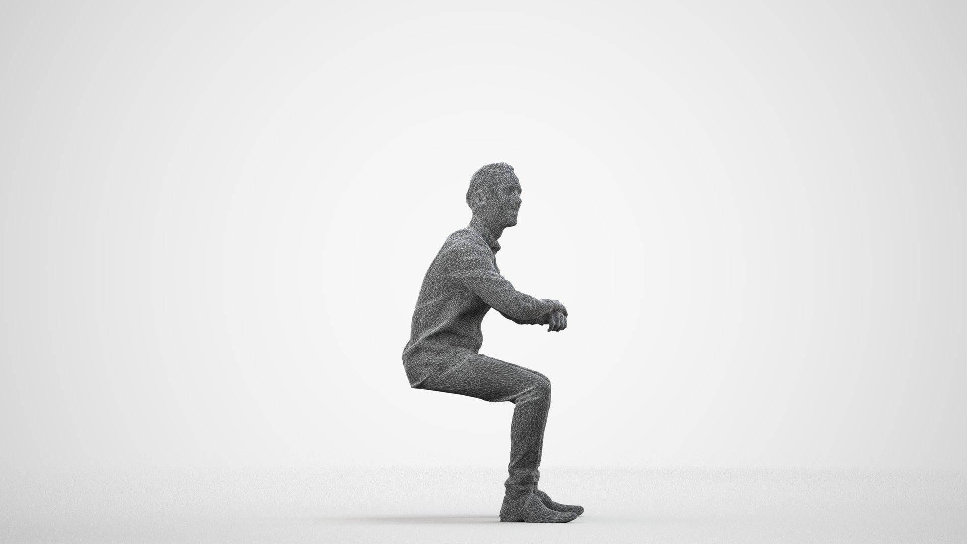 3D human model man casual sitting, photogrammetry scanned person for archviz, wireframe side view