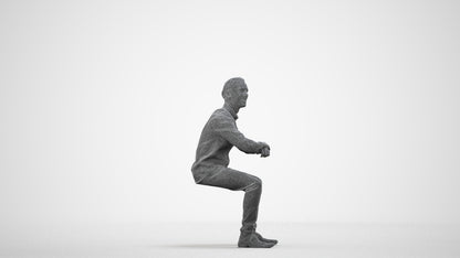 3D human model man casual sitting, photogrammetry scanned person for archviz, wireframe side view
