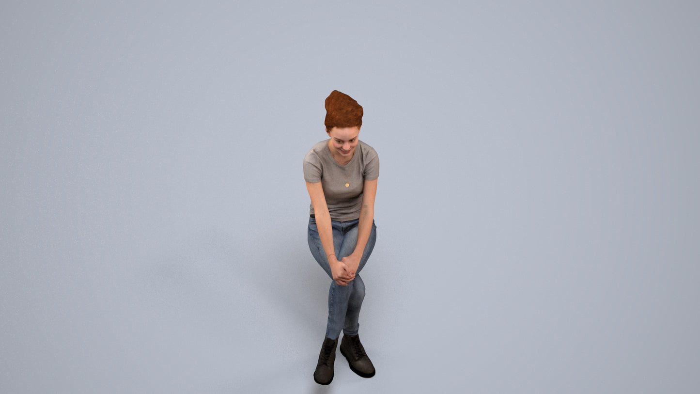 3D human model woman casual sitting, photogrammetry scanned person for archviz, back view render