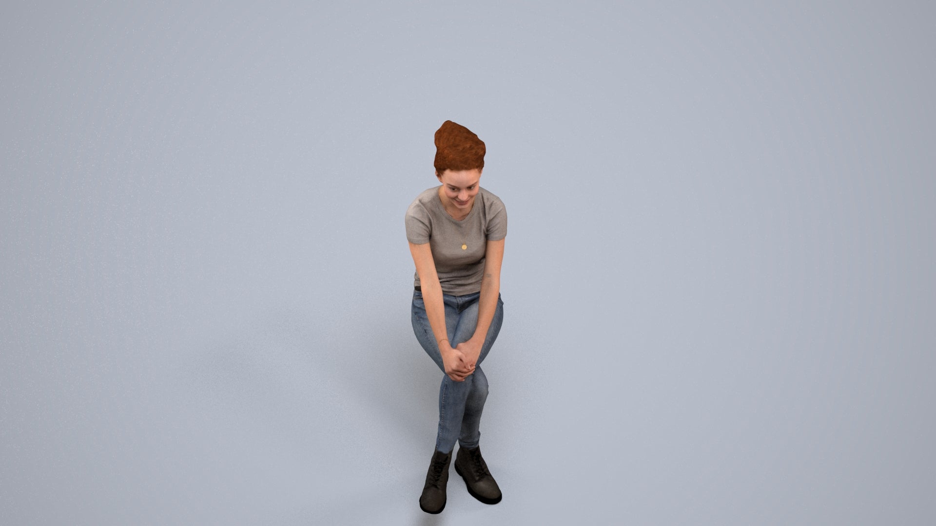3D human model woman casual sitting, photogrammetry scanned person for archviz, back view render