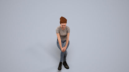 3D human model woman casual sitting, photogrammetry scanned person for archviz, back view render