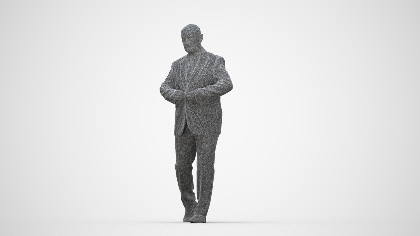 3D human model senior man business mix, photogrammetry scanned person for archviz, wireframe back view