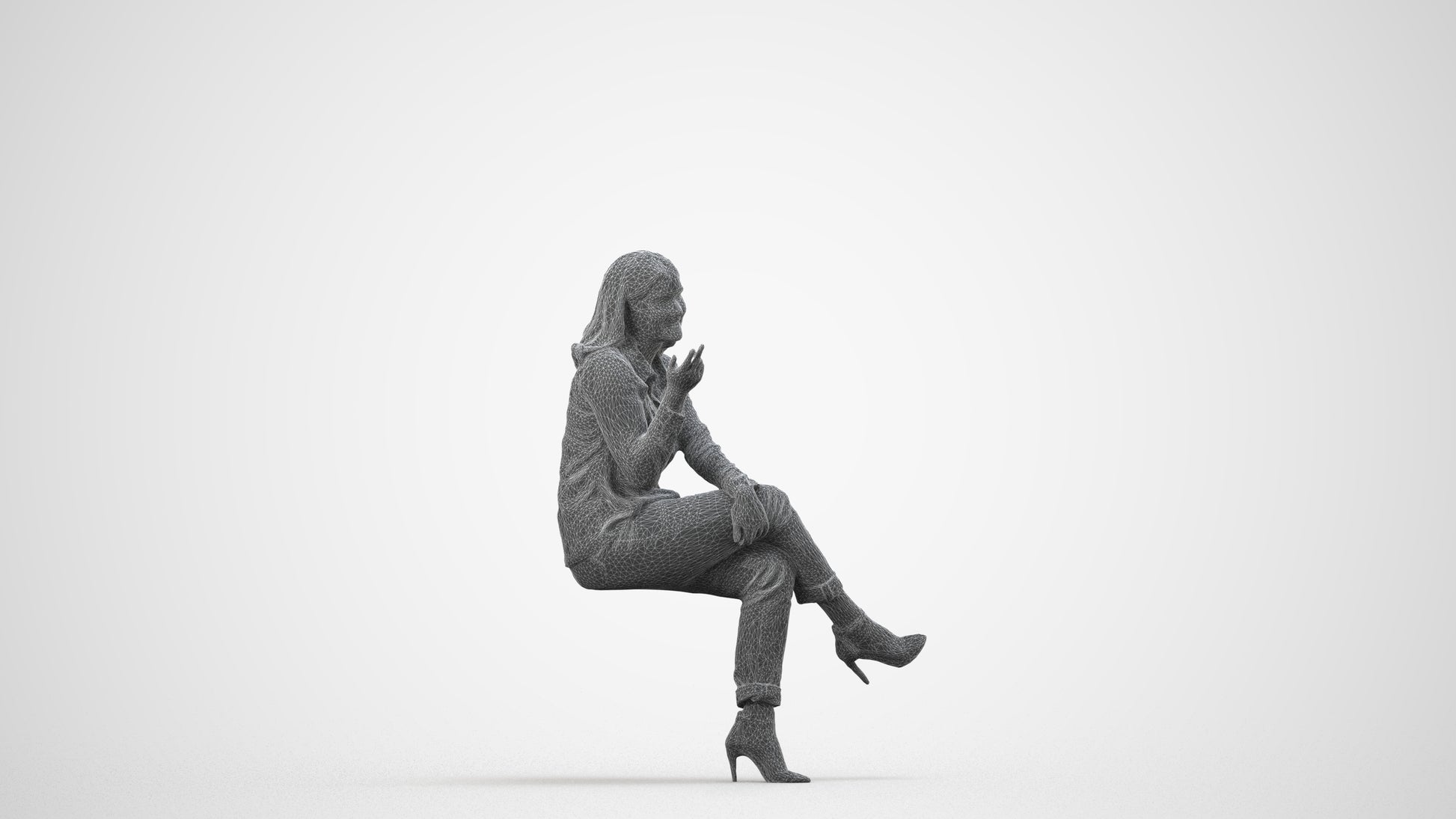 realistic 3D people woman casual sitting, render-ready for V-Ray and Corona, FBX OBJ, wireframe side view