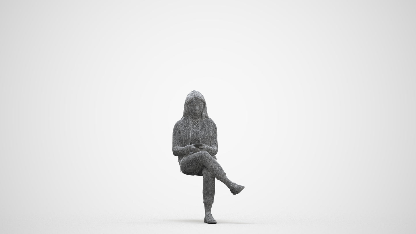 realistic 3D woman casual sitting, scanned archviz people for Blender and 3ds Max, three-quarter front view render