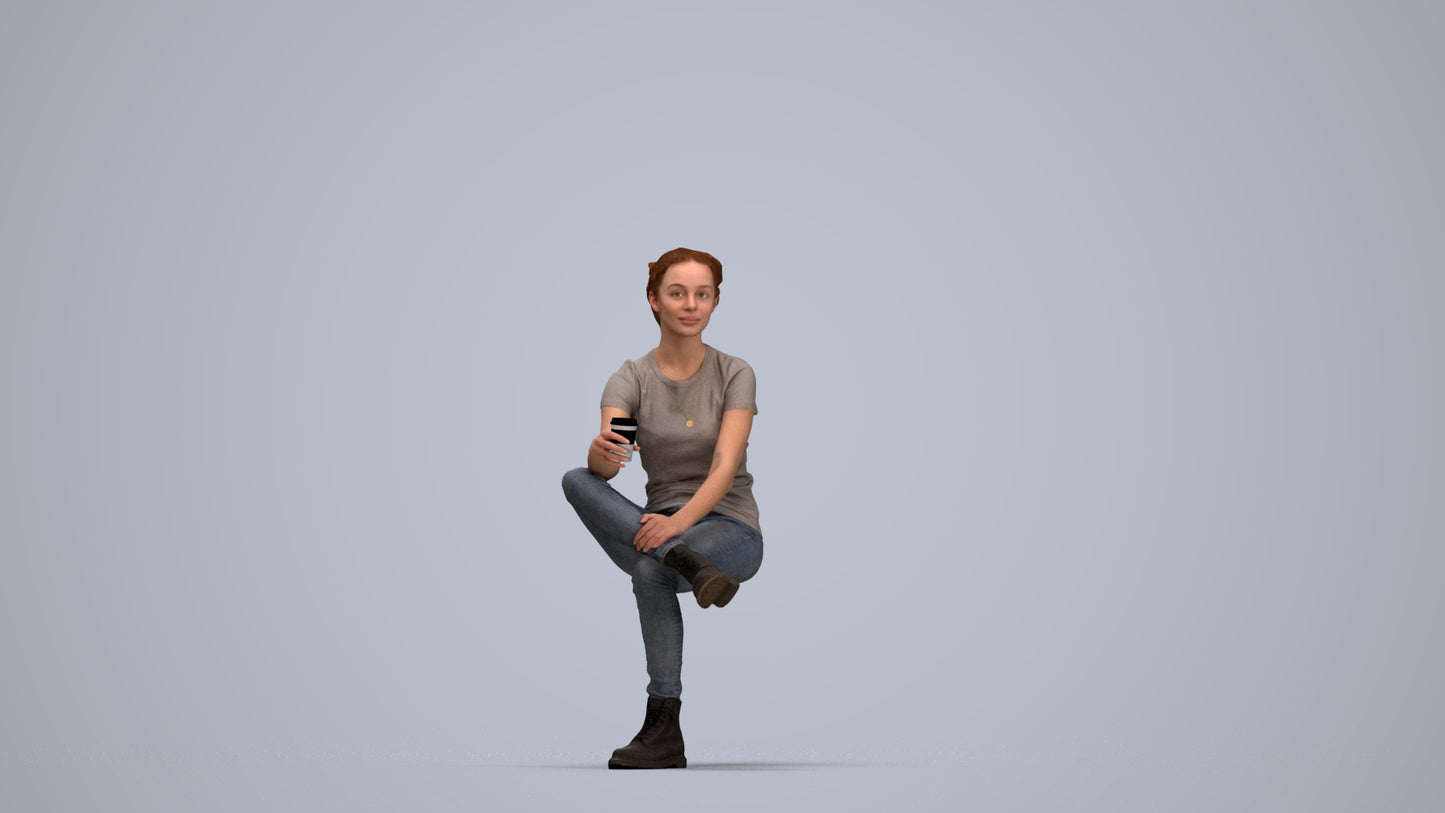 realistic 3D human woman casual sitting, archviz people FBX OBJ for Blender, top-down view render