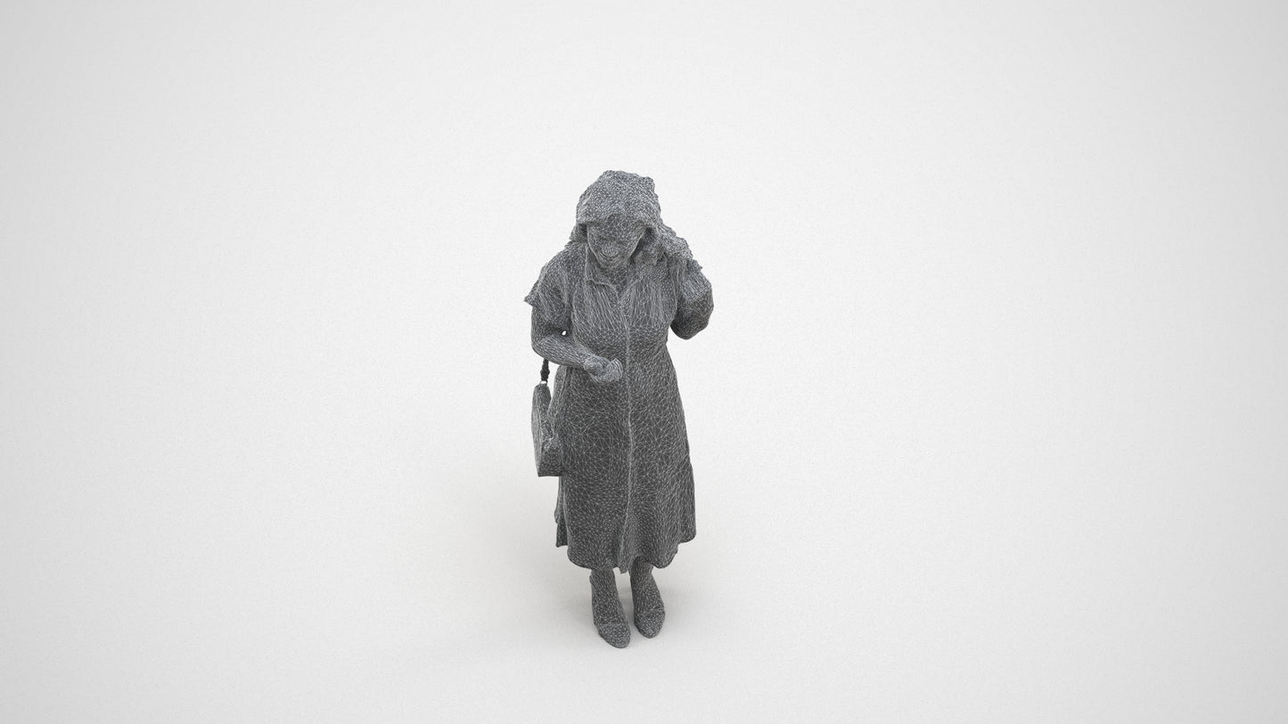 3D human model woman casual standing, photogrammetry scanned person for archviz, wireframe three-quarter view
