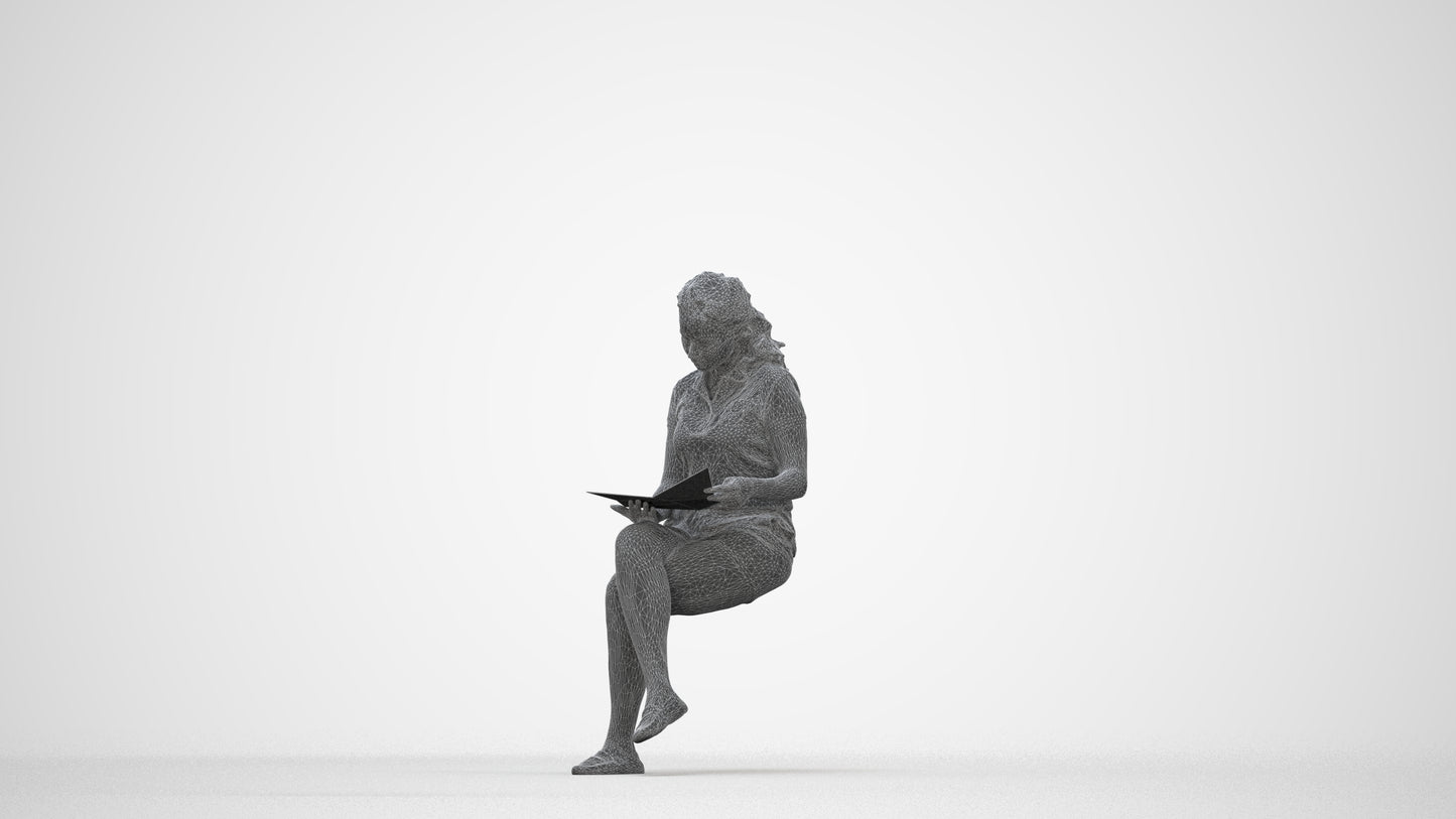 3D human model woman casual sitting, photogrammetry scanned person for archviz, wireframe back view