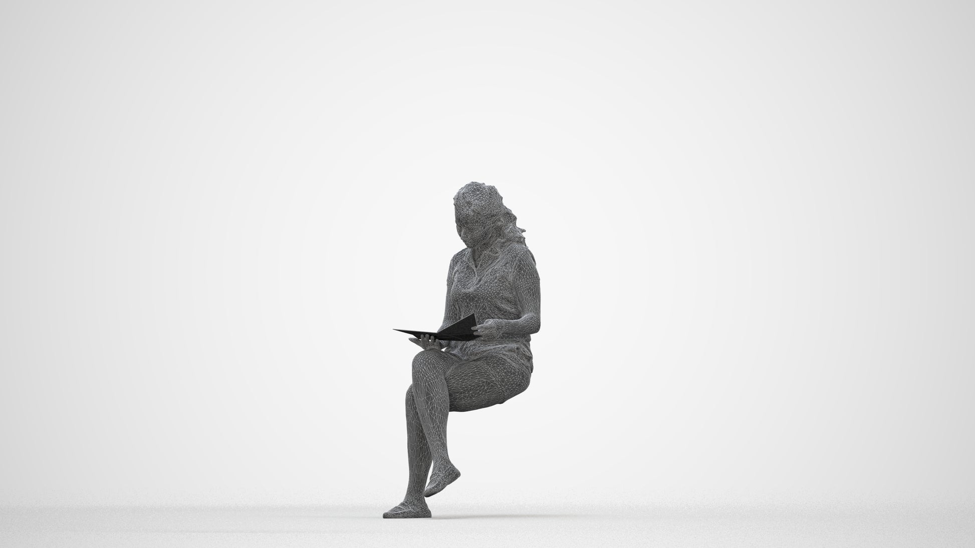 3D human model woman casual sitting, photogrammetry scanned person for archviz, wireframe back view