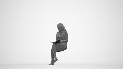 3D human model woman casual sitting, photogrammetry scanned person for archviz, wireframe back view