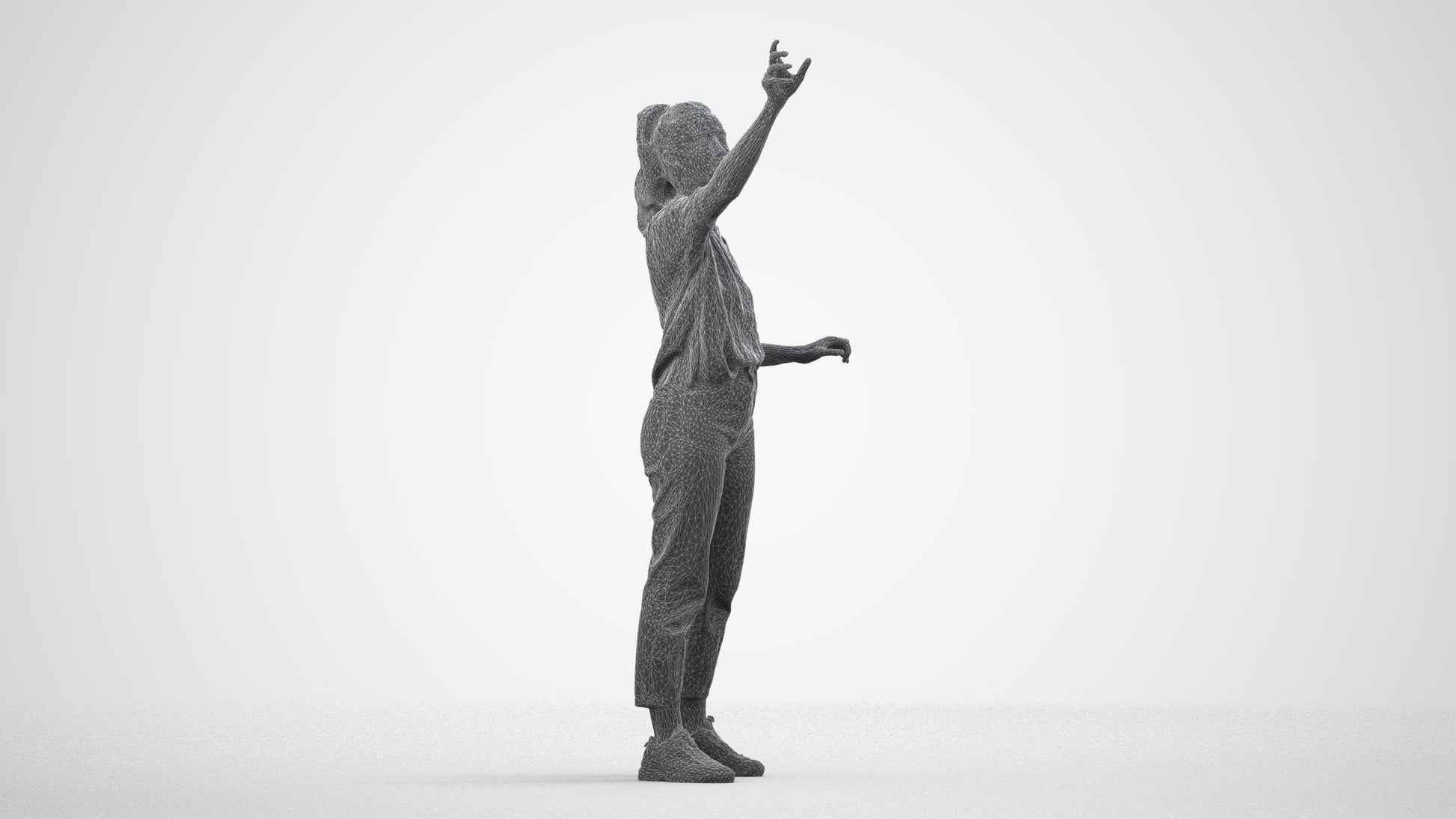 3D scanned woman standing casual, photorealistic archviz people for Enscape and SketchUp, wireframe side view